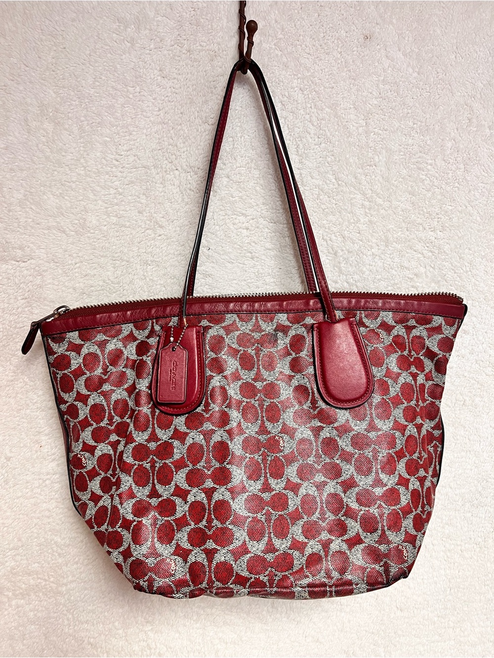 Coach Red Signature Jacquard Tote with Leather Trim